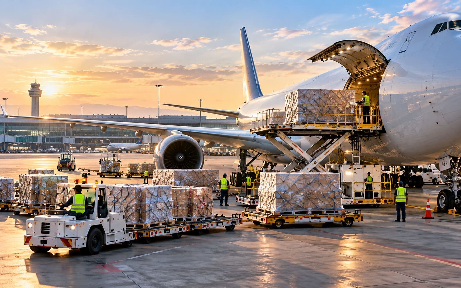 Cargo plane being loaded with packages at airport