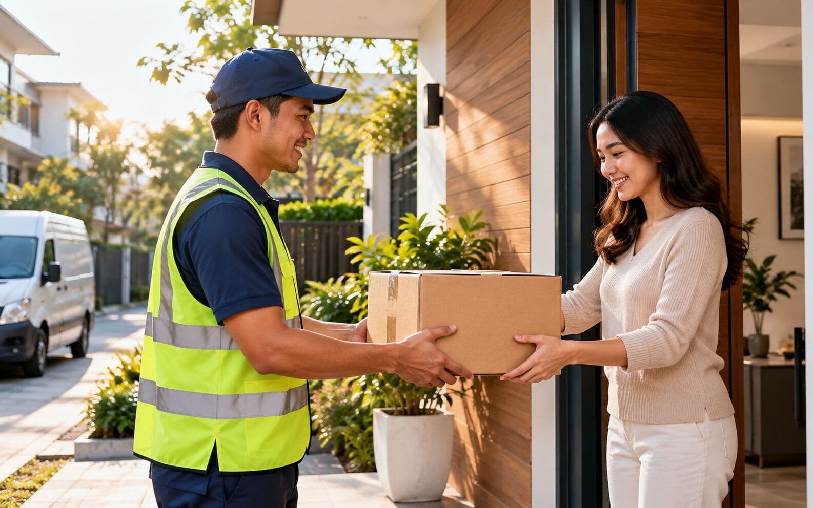 Courier delivering package to customer at front door