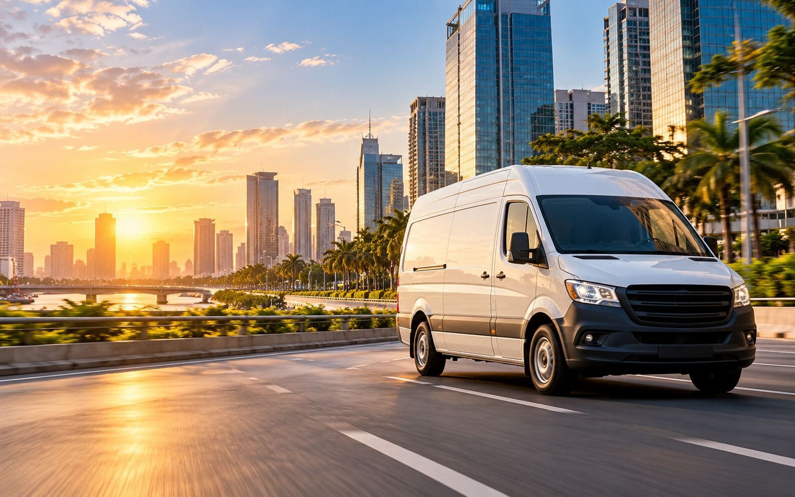 Express delivery van on highway at sunset