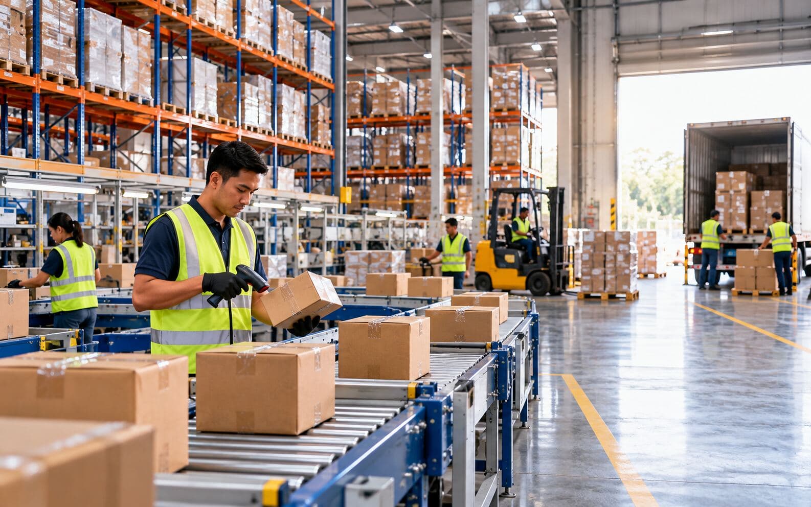 Worker scanning package barcode in modern distribution center